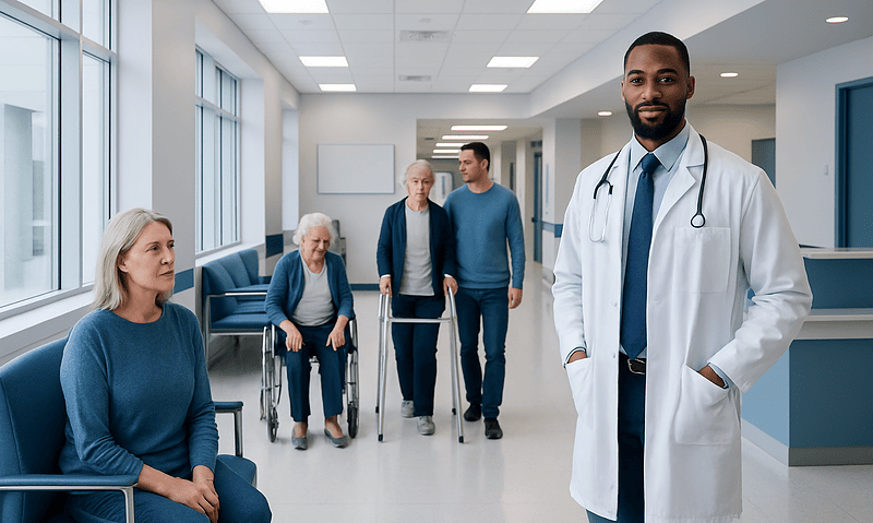 Healthcare professionals and elderly patients in a hospital corridor.