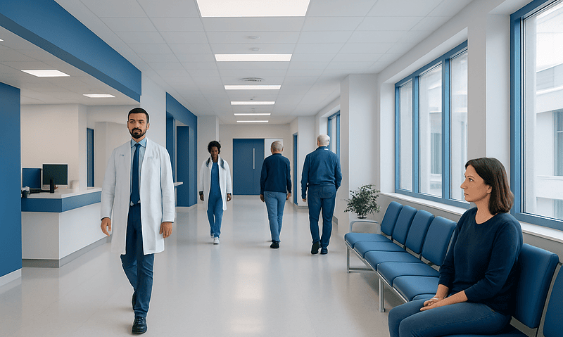 Modern hospital corridor with doctors and patient waiting area.