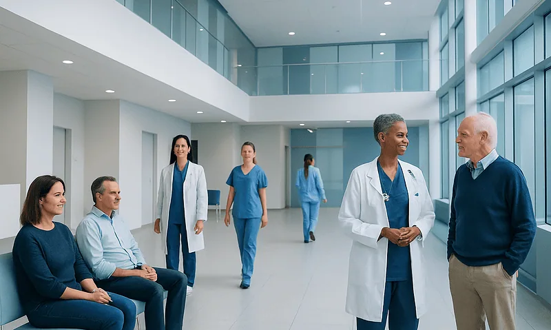 Healthcare professionals and patients in a modern hospital corridor.