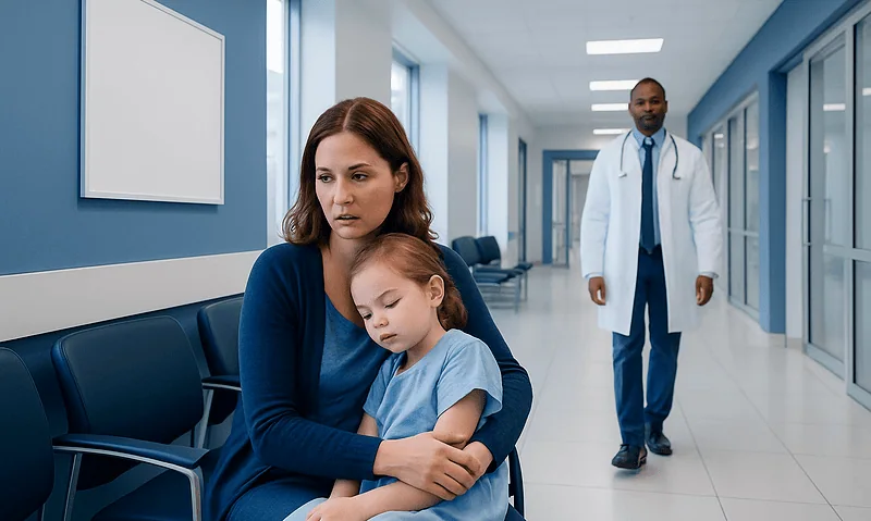 Mother and child in hospital corridor with doctor in background.