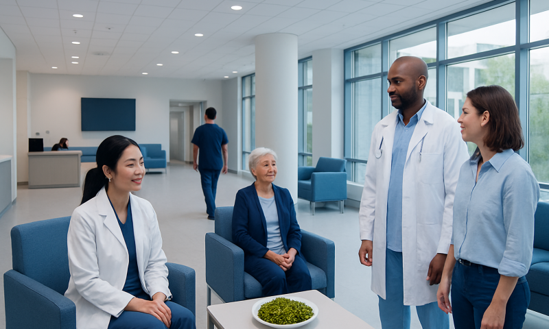 Medical team consulting with elderly patient in hospital lobby.