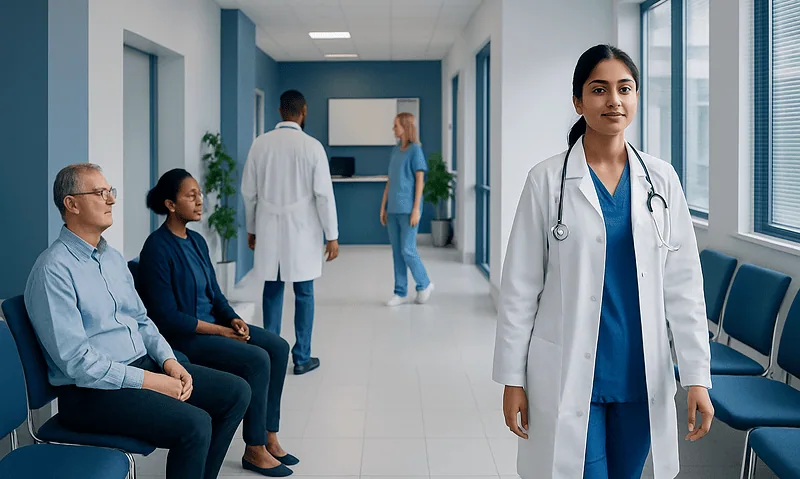 Medical professionals and patients in a hospital corridor.