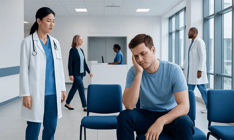 Young man experiencing muscle fatigue in a hospital waiting area.