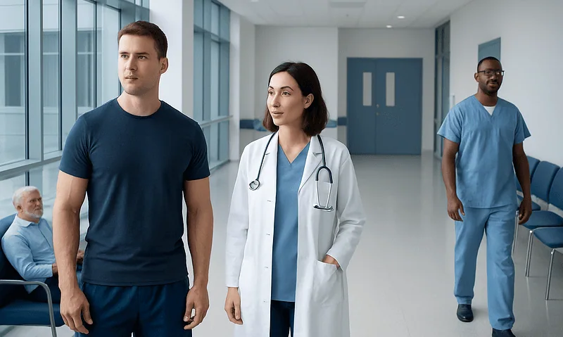 Medical professionals and patient in hospital corridor at Acibadem Hospitals Group.