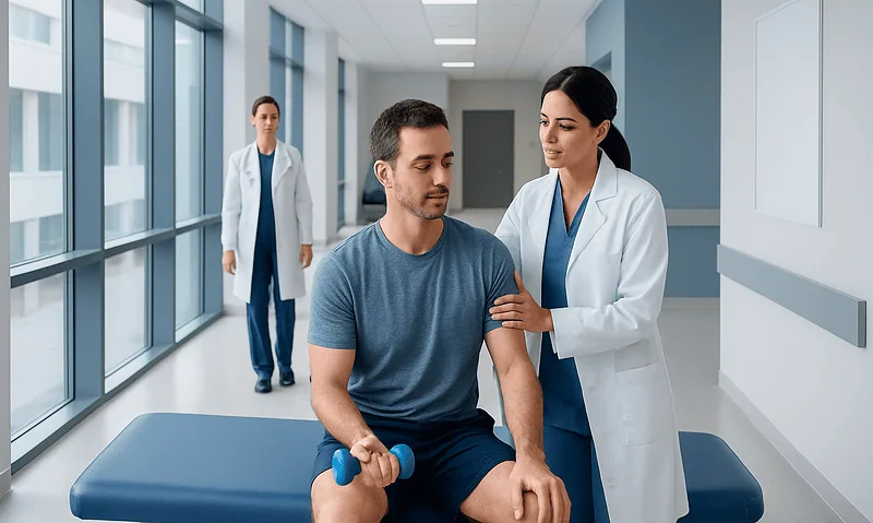 Patient receiving shoulder treatment from healthcare professional in hospital corridor.