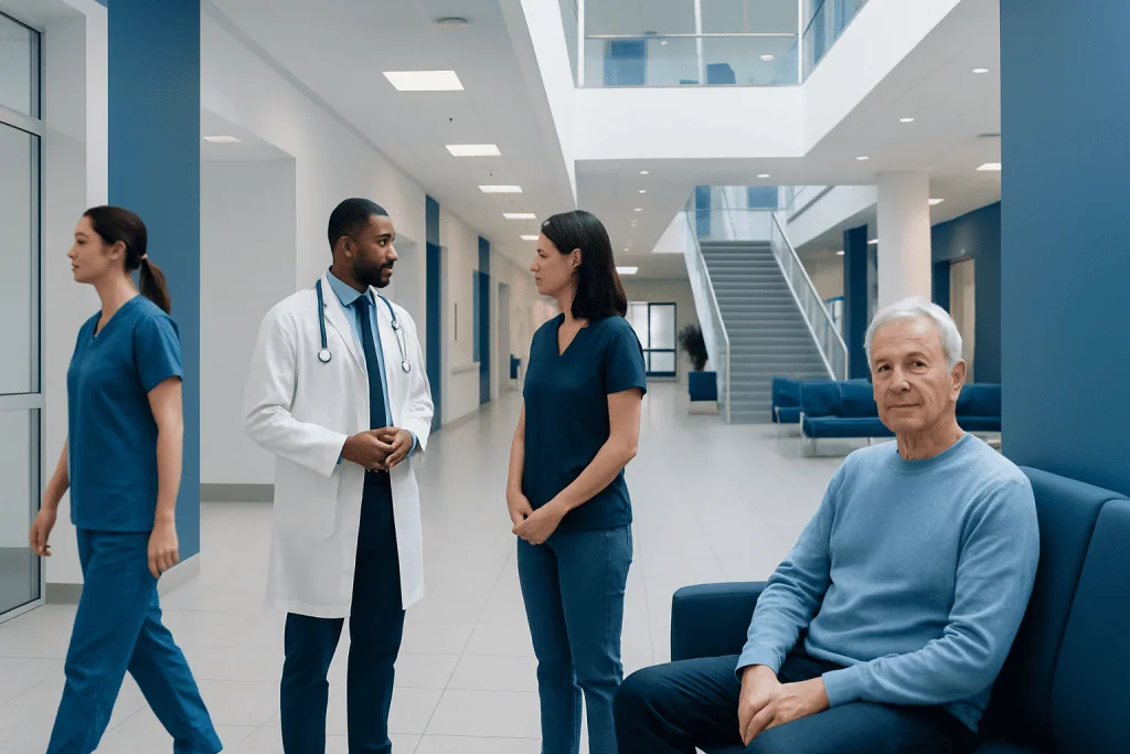Muscle Relaxers — Explained by Medical Evidence, Not Myths 1 Medical staff and patient in a modern hospital lobby.