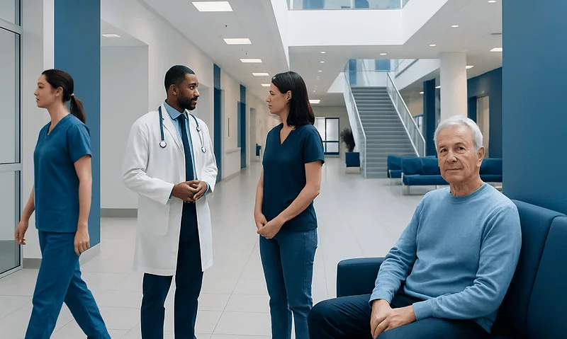 Medical staff and patient in a modern hospital lobby.