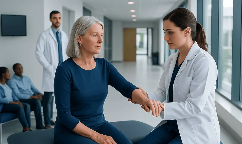 Doctor performing muscle testing on a patient in a hospital corridor.