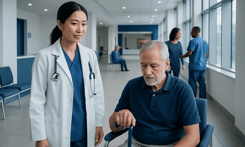 Doctor assisting elderly patient in hospital corridor with medical staff in background.