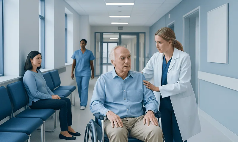 Doctor consulting elderly patient in hospital corridor with staff in background.