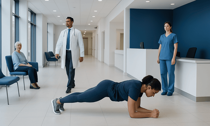 Woman doing plank exercise in hospital corridor with medical staff nearby.
