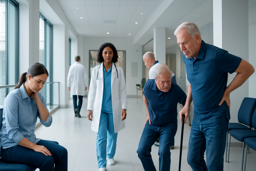Understanding Musculoskeletal Disorders: A Complete Patient Guide 1 Elderly man receiving assistance from a healthcare professional in a hospital corridor.