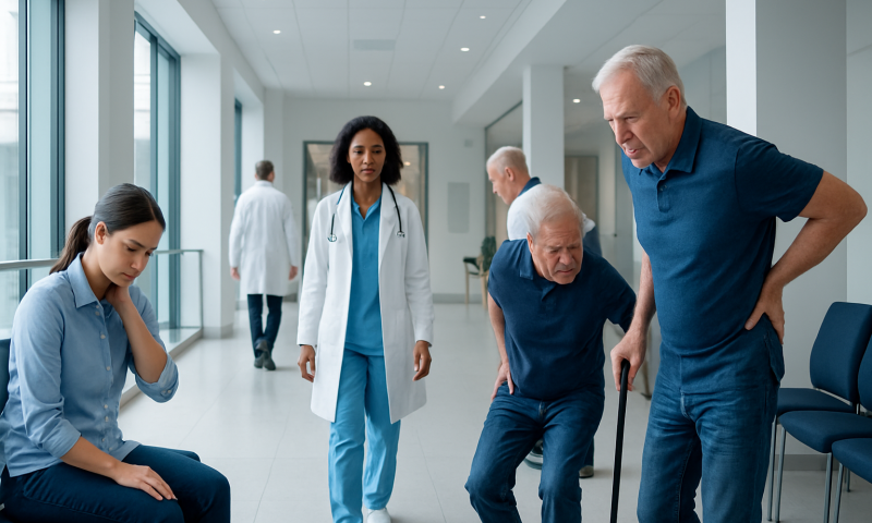 Elderly man receiving assistance from a healthcare professional in a hospital corridor.