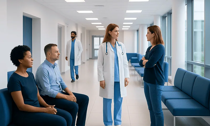 Medical professionals and patients in a hospital corridor.