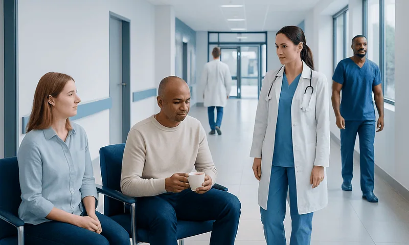 Patients waiting in hospital corridor with medical staff nearby.