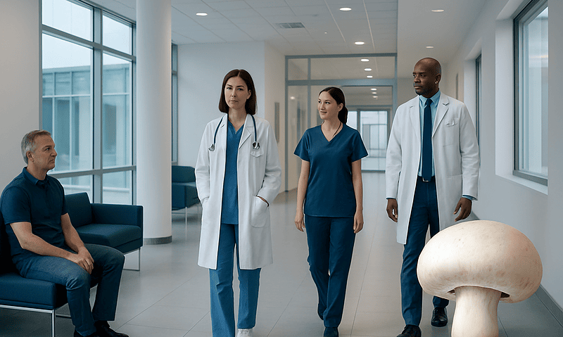 Medical team walking in hospital corridor with patient and mushroom sculpture.