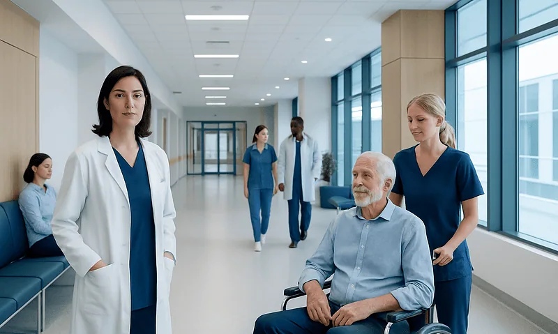 Healthcare professionals and patient in a modern hospital corridor.