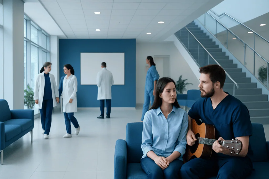 Music Therapy: Diagnosis, Outlook, and Modern Treatment Approaches 1 Hospital waiting area with medical staff and a patient playing guitar.
