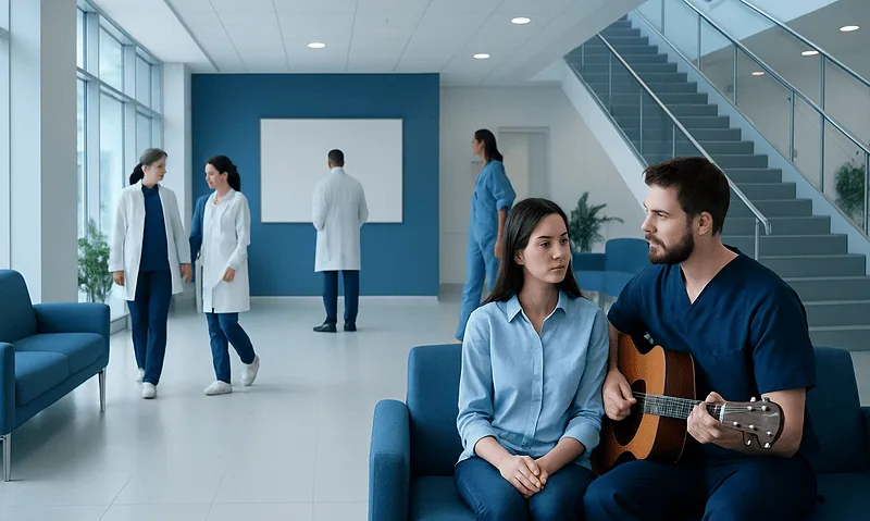 Hospital waiting area with medical staff and a patient playing guitar.