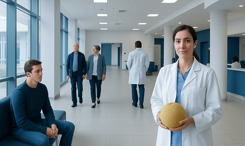 Healthcare professionals and patients in a modern hospital corridor.