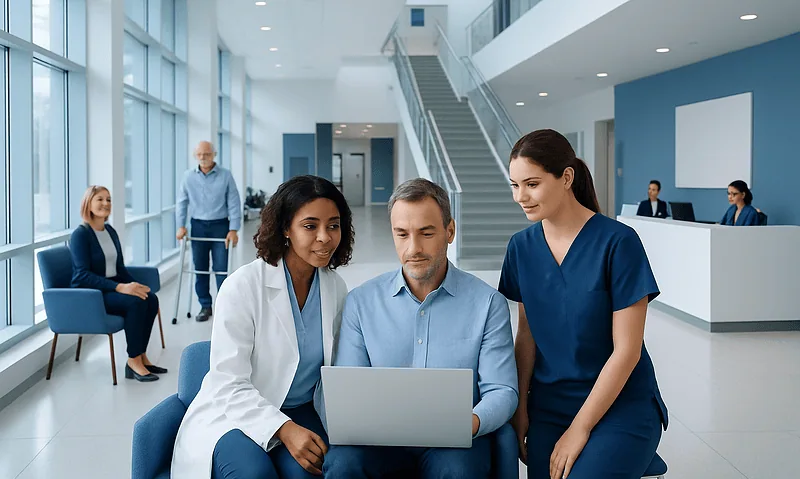Medical professionals reviewing patient data on a laptop in a modern hospital lobby.