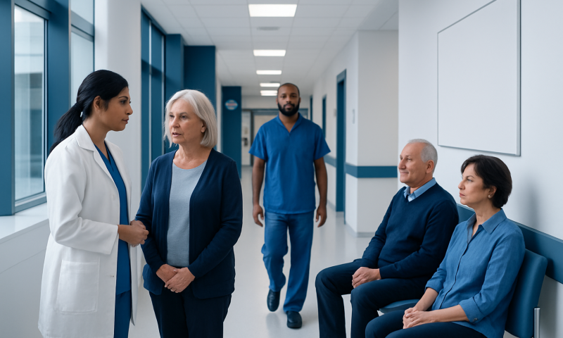 Medical team consulting with elderly patient in hospital corridor.