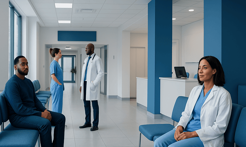 Medical professionals and patients in a modern hospital waiting area.
