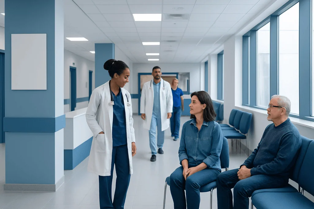 Mycophenolate Mofetil: A Complete Medical Overview 1 Medical consultation in hospital corridor with healthcare professionals and patients.