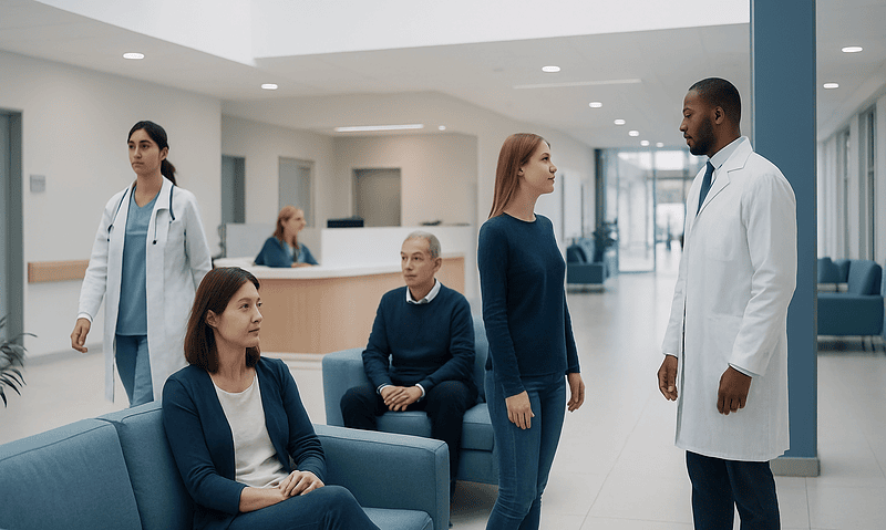 Patients waiting in a hospital lobby with medical staff and a doctor.