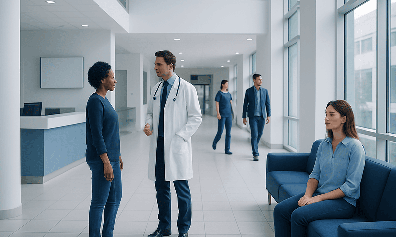 Doctor talking to a patient in a modern hospital lobby.