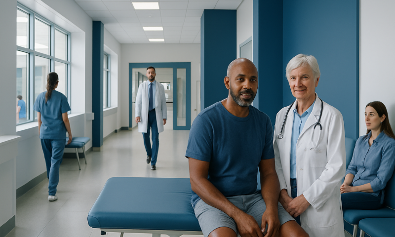 Medical team in hospital corridor with patient and doctors.