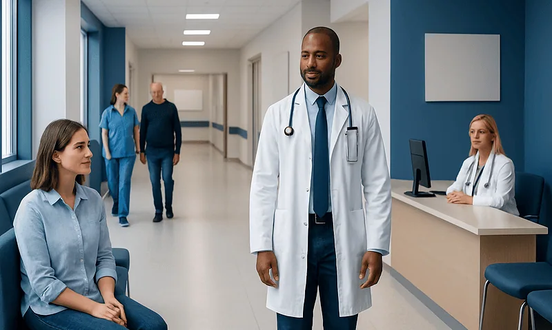 Medical professionals and patients in a hospital corridor at Acibadem Hospitals Group.