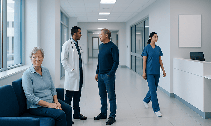 Medical staff and patient in hospital corridor at Acibadem Hospitals Group.