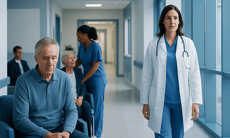Medical staff and patients in a hospital corridor.