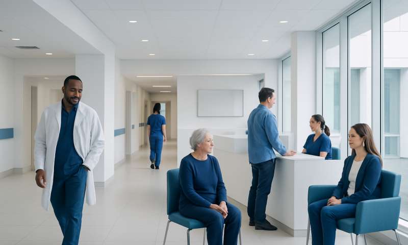 Myelosuppression: An Evidence-Based Guide for Patients 6 Healthcare professionals and patients in a modern hospital waiting area.