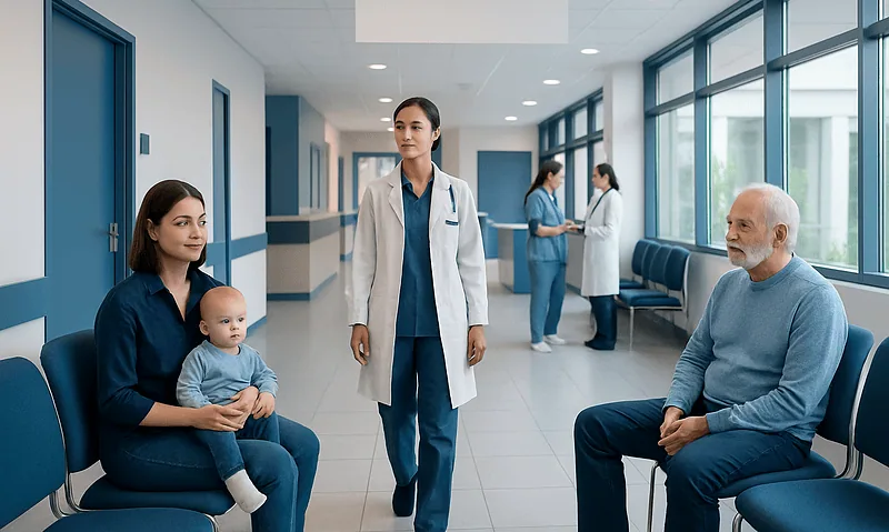 Hospital waiting area with a mother, baby, doctor, and senior patient.