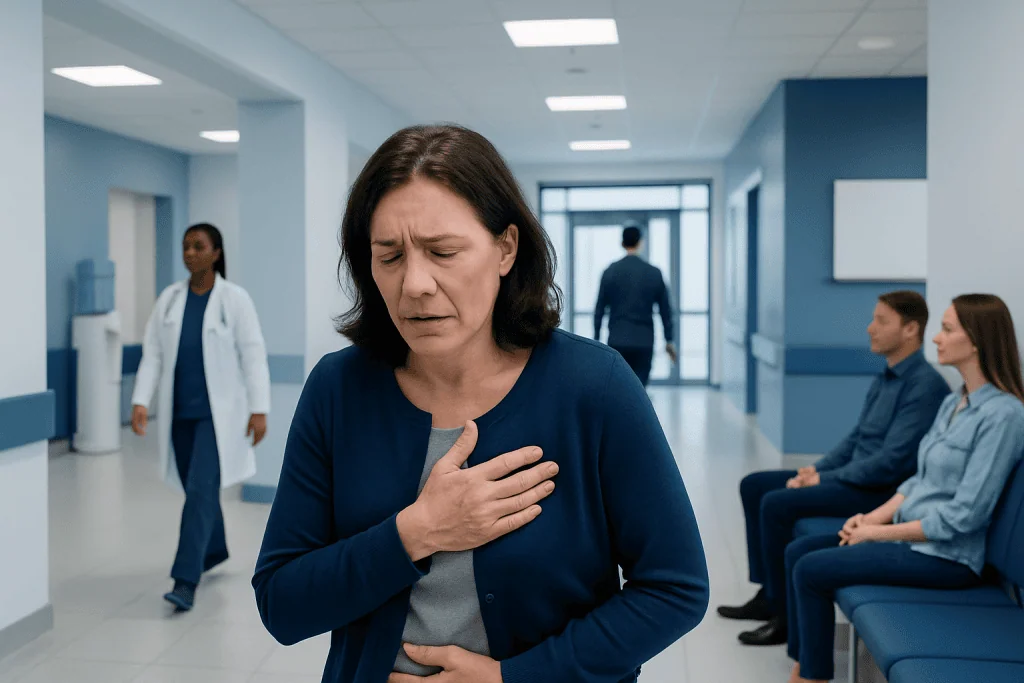 Myocardial Infarction Female Symptoms Explained: Common Triggers and Red Flags 1 Woman experiencing chest pain in hospital corridor.