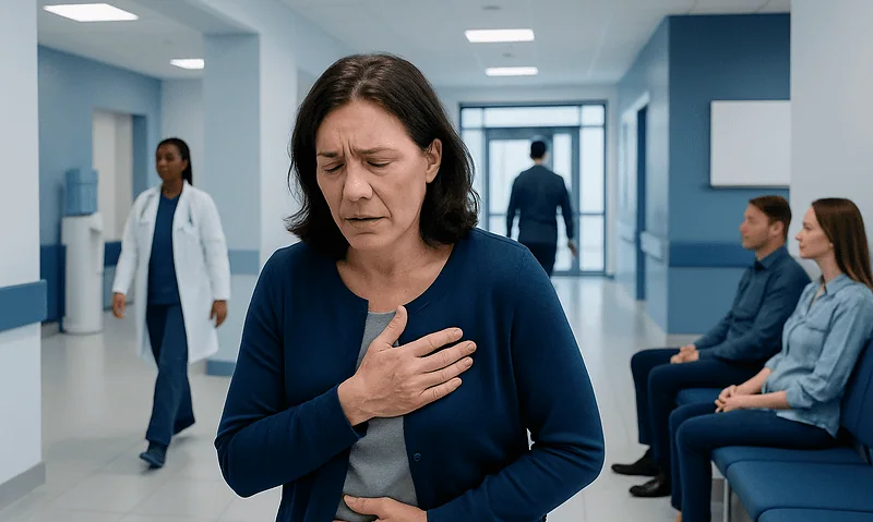 Woman experiencing chest pain in hospital corridor.
