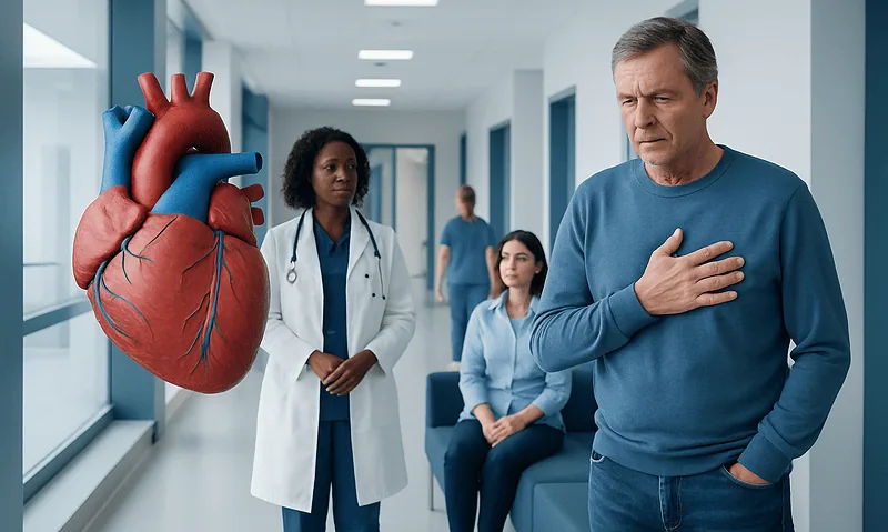 Man experiencing chest pain in a hospital corridor with medical staff nearby.