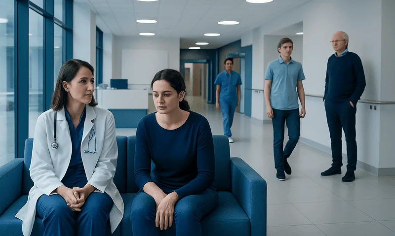 Medical consultation in a hospital corridor with healthcare professionals and patient.