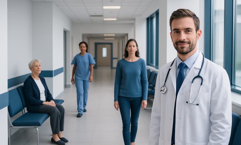 Medical team in hospital corridor with doctor and nurses, patient waiting.