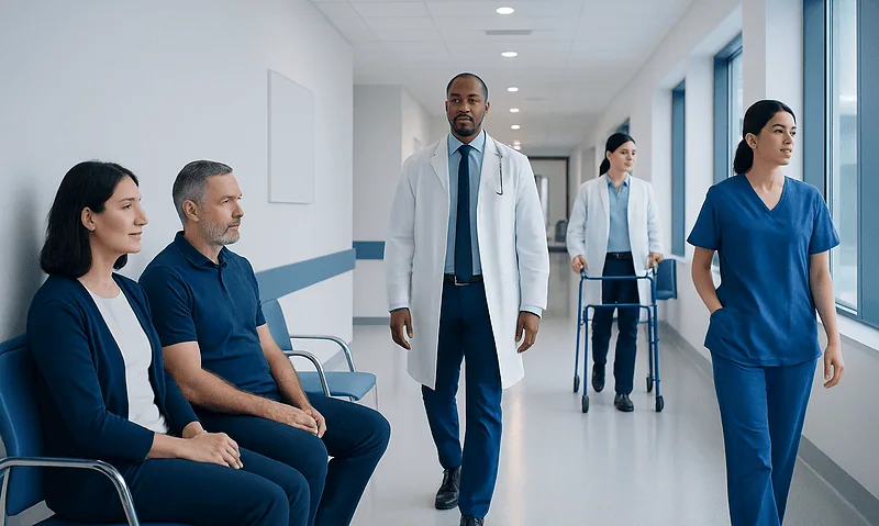 Medical team in hospital corridor with patients and staff.