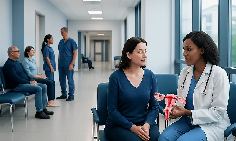 Doctor explaining uterine fibroid treatment options to patient in hospital.