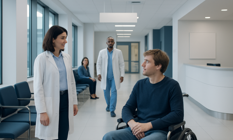Medical professionals consulting with a patient in a hospital corridor.