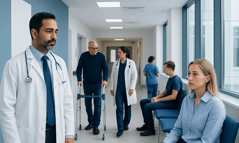 Medical professionals and patients in a hospital corridor at Acibadem Hospitals Group.