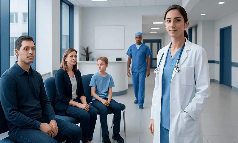 Doctor with patients in a hospital corridor, healthcare setting.
