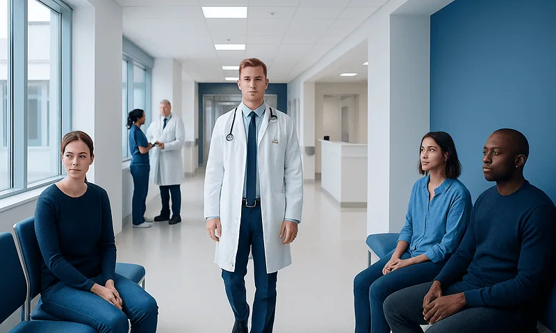 Medical team in hospital corridor with patients and doctors.