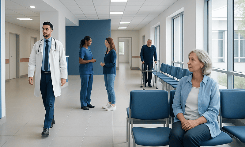 Hospital corridor with medical staff and a patient in waiting area.