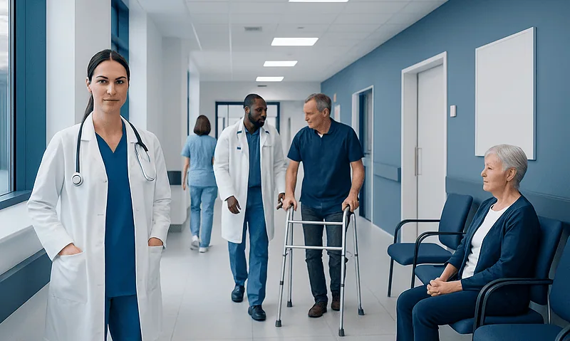 Healthcare professionals and patient in hospital corridor.