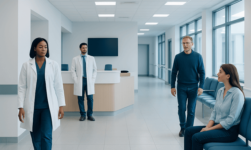 Medical professionals and patient in a hospital corridor at Acibadem Hospitals Group.